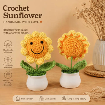 Handmade Crochet Smiley Sunflower Pot, Knitted Flower Desk Decor