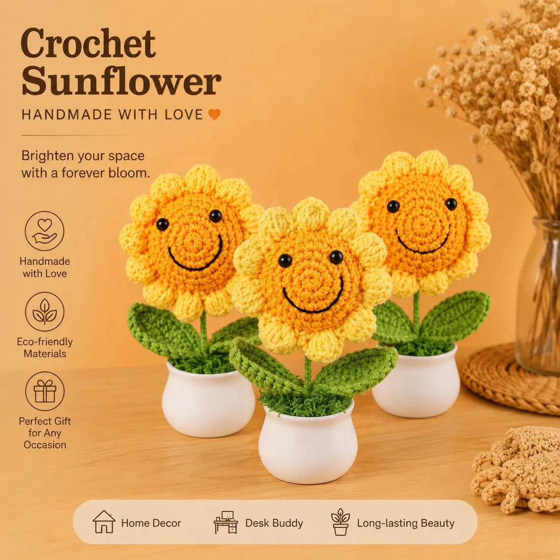 Handmade Crochet Smiley Sunflower Pot, Knitted Flower Desk Decor