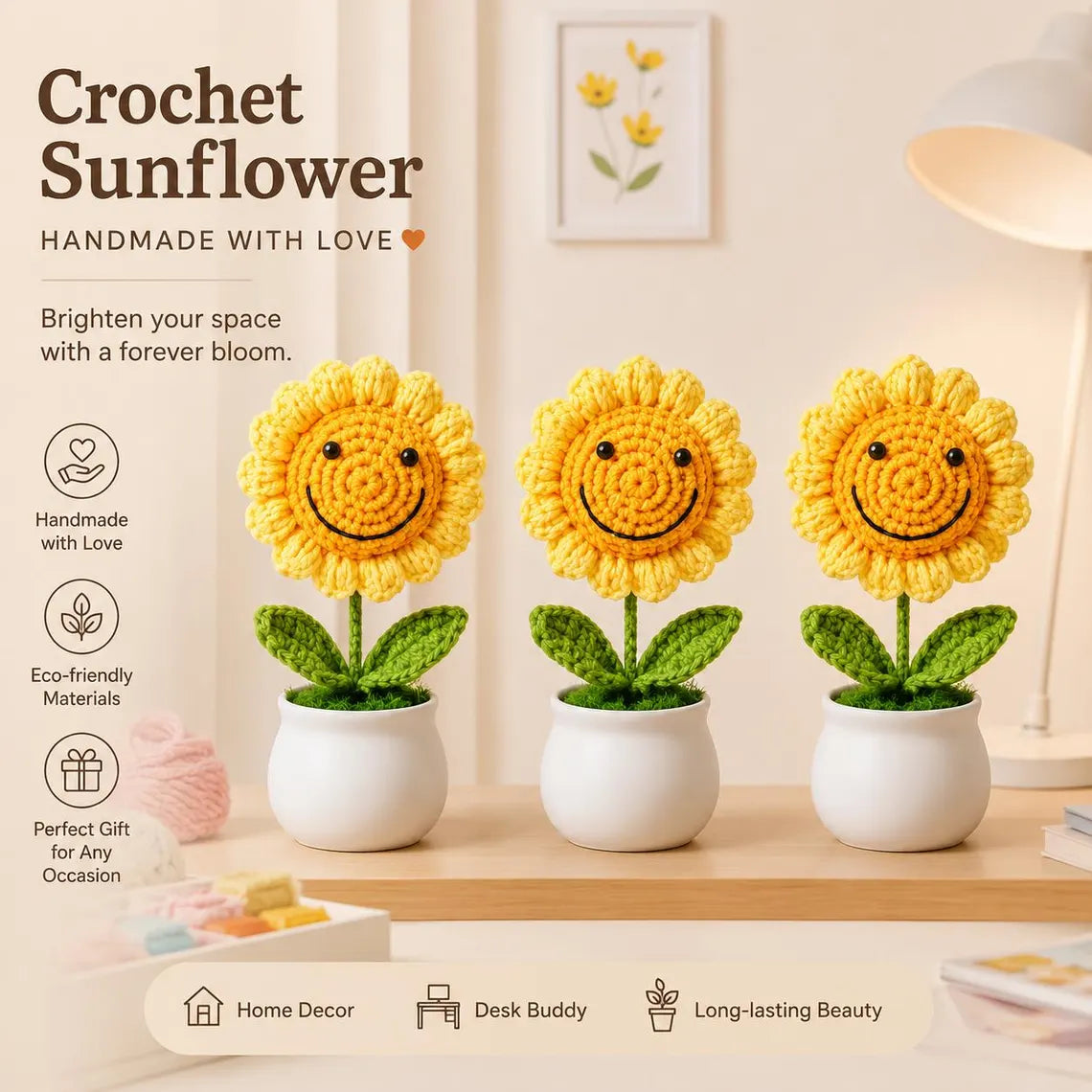 Handmade Crochet Smiley Sunflower Pot, Knitted Flower Desk Decor