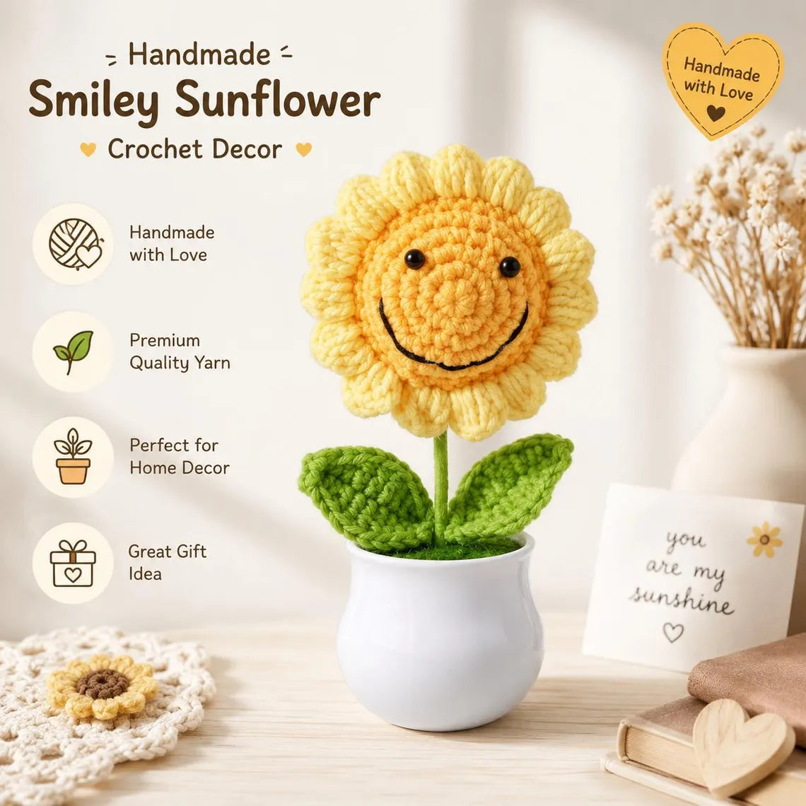 Handmade Crochet Smiley Sunflower Pot, Knitted Flower Desk Decor