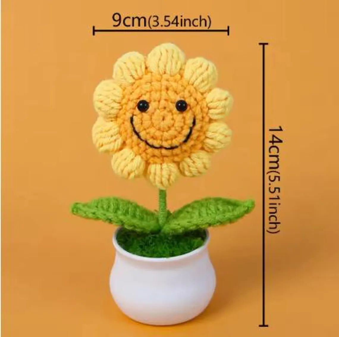Handmade Crochet Smiley Sunflower Pot, Knitted Flower Desk Decor
