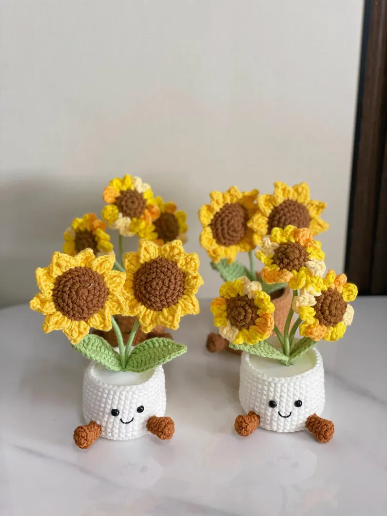 Crochet Sunflowers, Flower in Pot, Handmade Crochet Flower Pot, Knitted Plant for Mom, Grandma,Birthday, Thank you, Wedding, Birthday