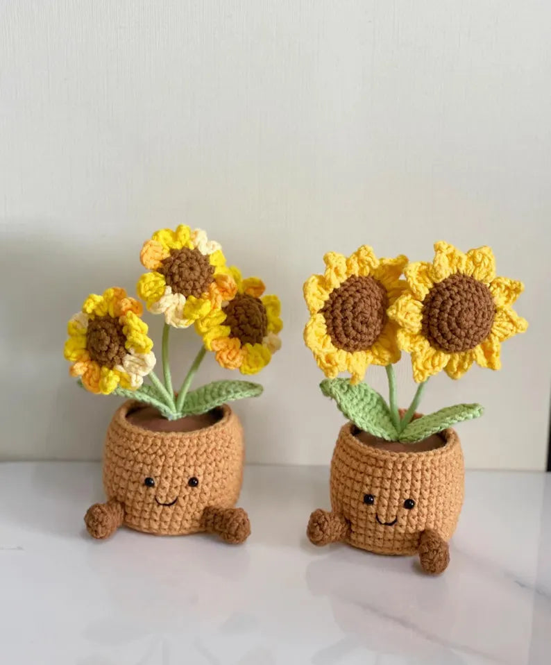 Crochet Sunflowers, Flower in Pot, Handmade Crochet Flower Pot, Knitted Plant for Mom, Grandma,Birthday, Thank you, Wedding, Birthday