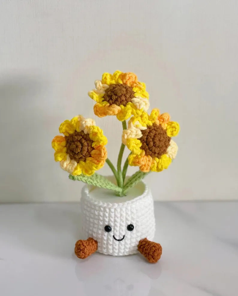 Crochet Sunflowers, Flower in Pot, Handmade Crochet Flower Pot, Knitted Plant for Mom, Grandma,Birthday, Thank you, Wedding, Birthday