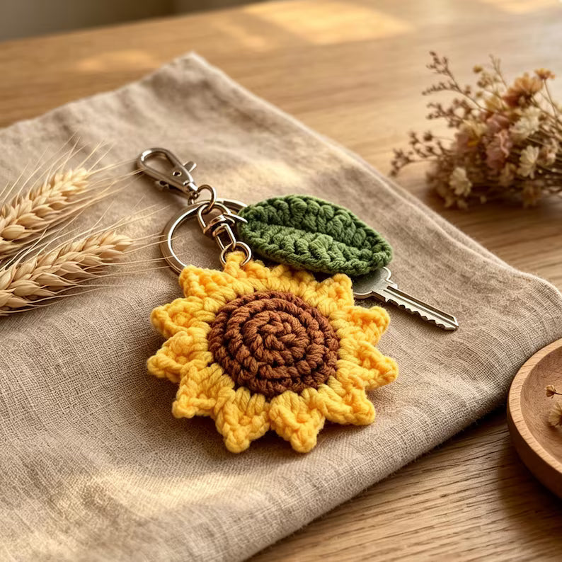 Crochet Sunflower Keychain, Cottagecore Bag Charm, Back to School Graduation Gift For Her
